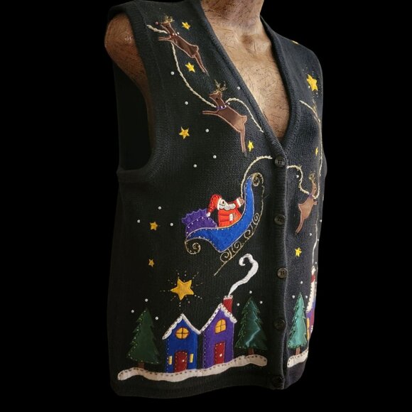 Vintage ugly Christmas Sweater Vest With Santa Sleigh & Reindeer Embroidery Blac - Picture 3 of 12